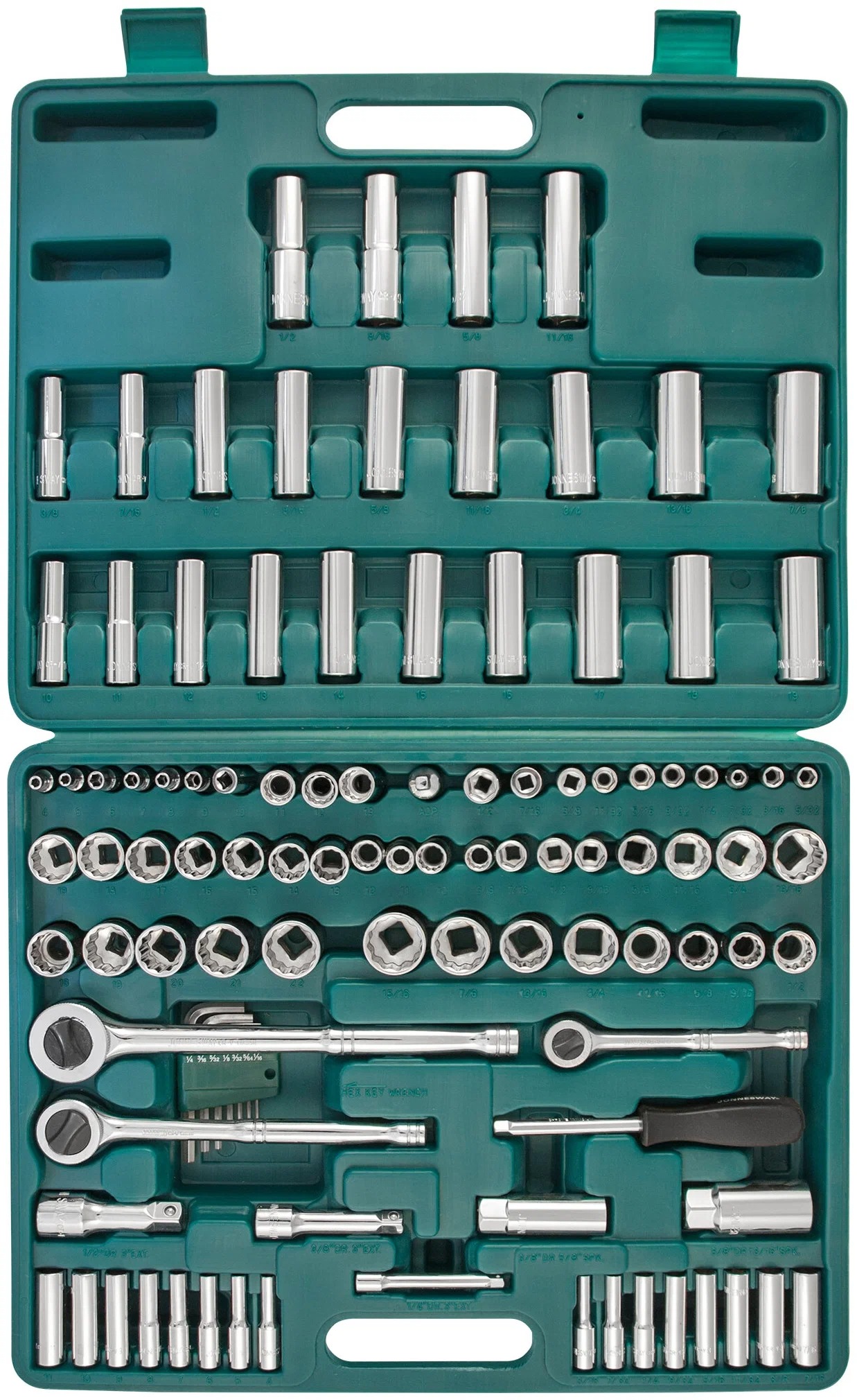 Универсальный набор инструмента 1/4", 3/8" и 1/2"DR Jonnesway S05H48107S, 107 штук - фото